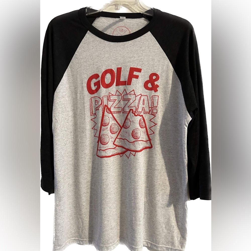 NWOT SwingJuice Three-Quarter-Sleeve Men Raglan T-Shirt Golf & Pizza light gray
